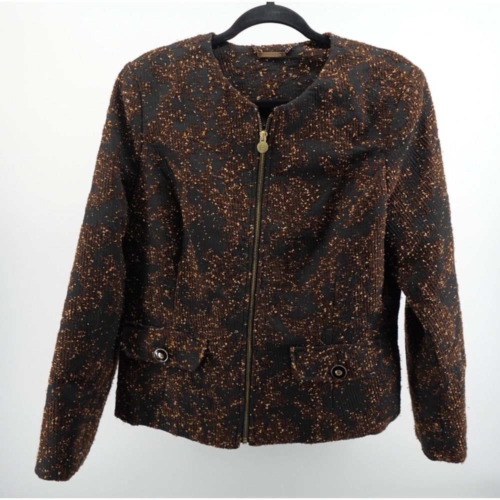 Dana Buchman Womens Brown Black Boucle Zip Front Jacket Blazer Sz L Collarless